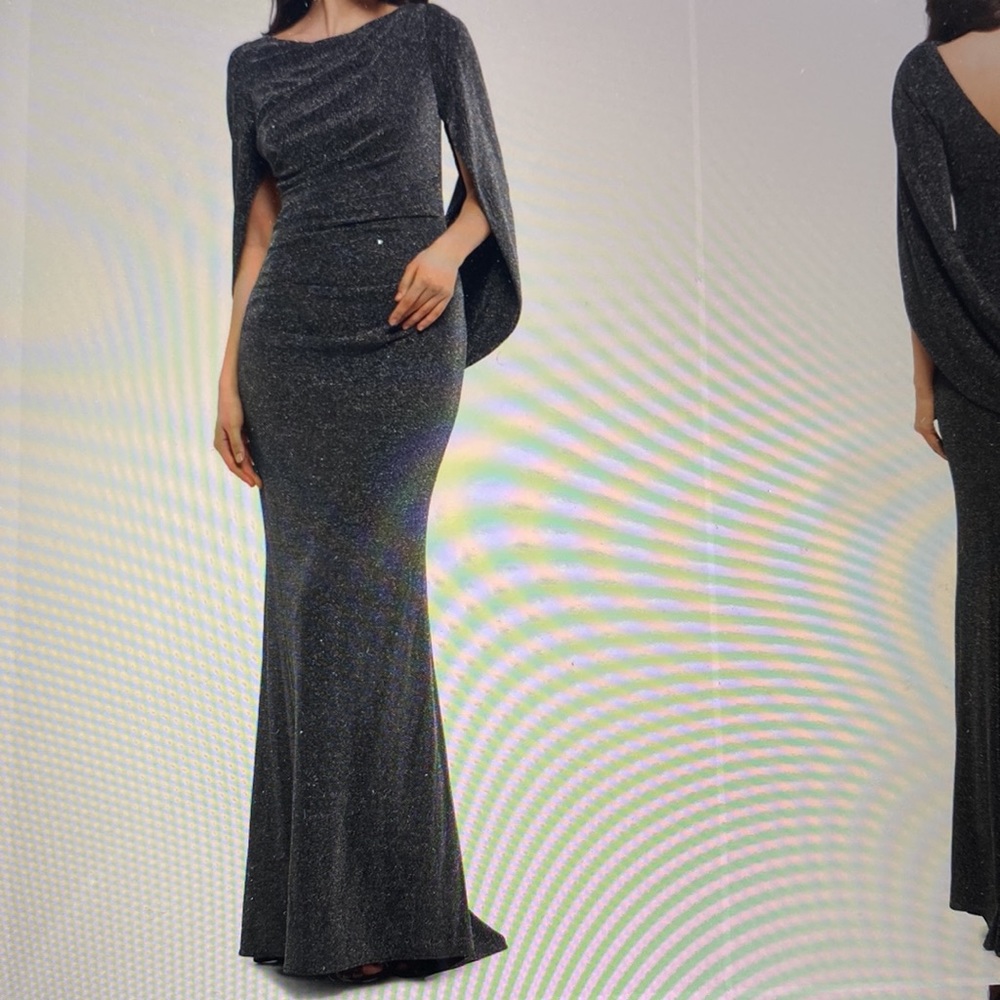 Betsy and Adam metallic drape back trumpet gown NWT